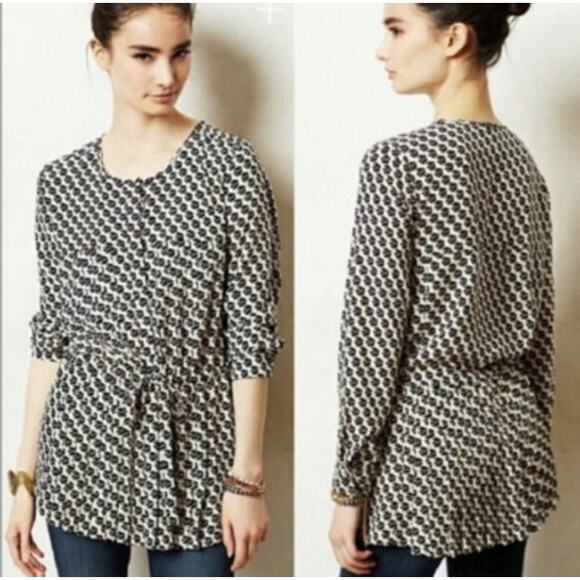 Anthropologie Tops - Anthropologie Maeve Selva Bird Print Pleated Tie Waist Tunic Medium